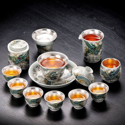 Silver-Lined Porcelain Tea Set: Qinglong