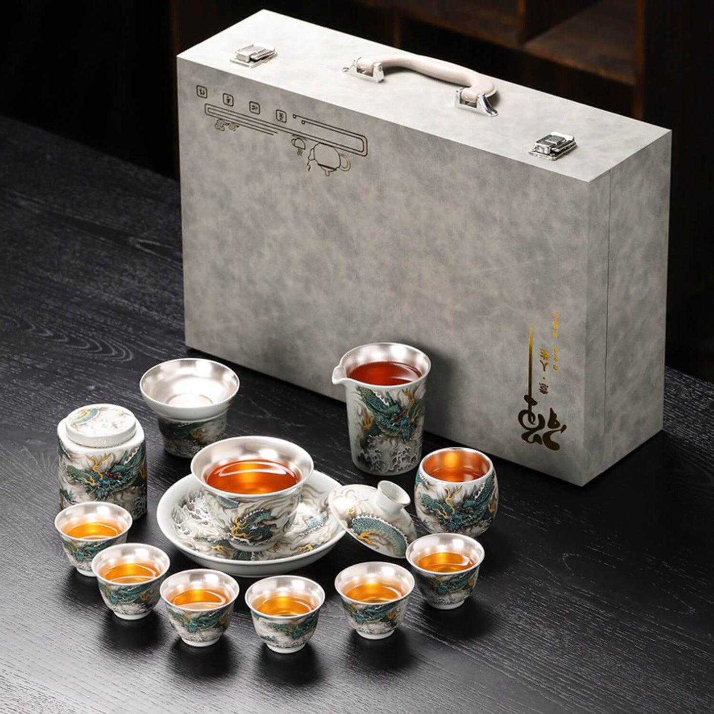 Silver-Lined Porcelain Tea Set: Qinglong