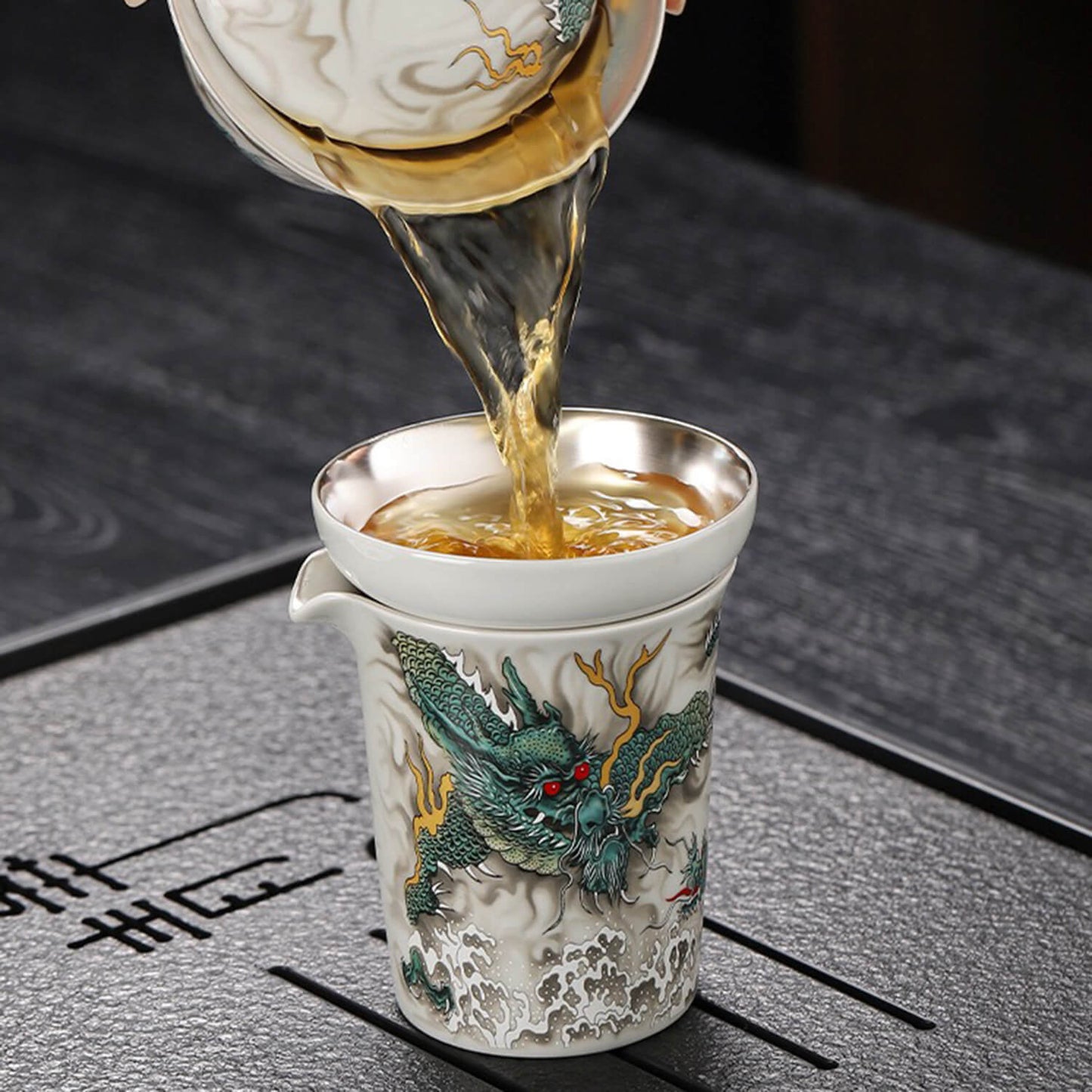 Silver-Lined Porcelain Tea Set: Qinglong