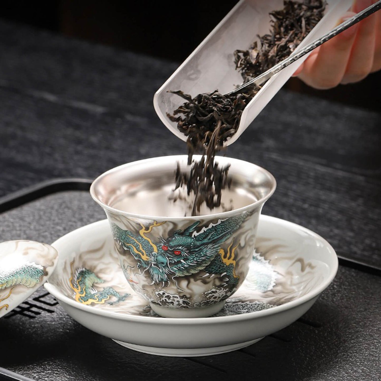 Silver-Lined Porcelain Tea Set: Qinglong