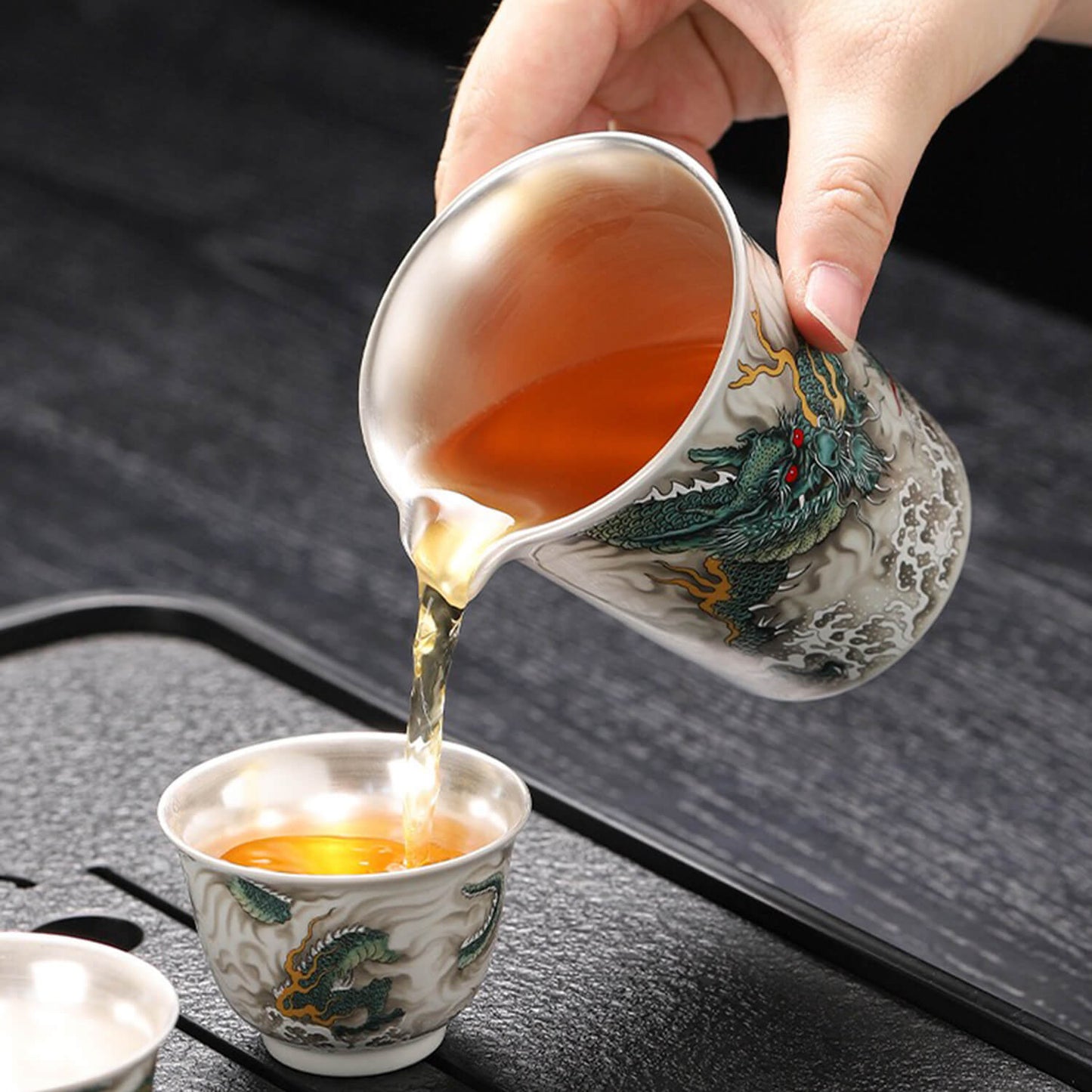 Silver-Lined Porcelain Tea Set: Qinglong