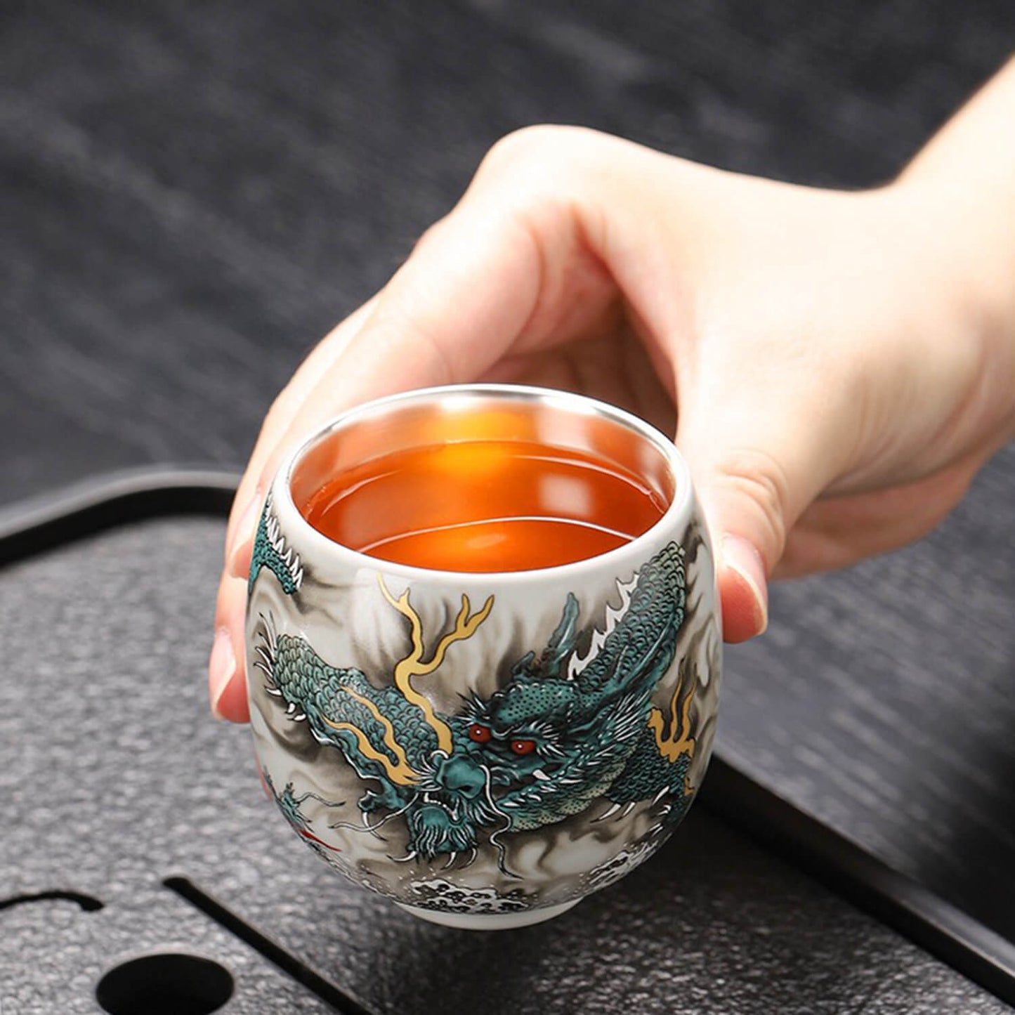 Silver-Lined Porcelain Tea Set: Qinglong