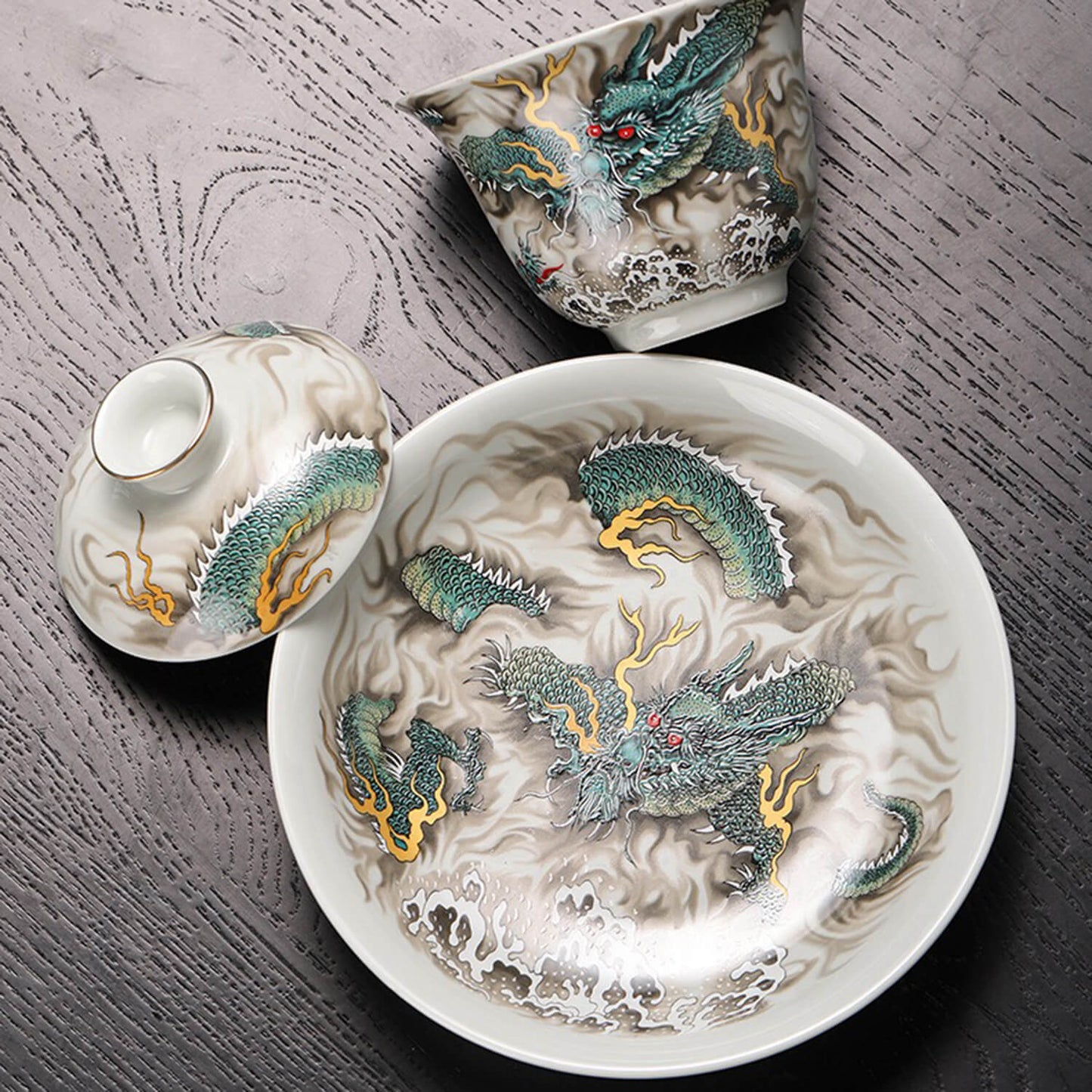 Silver-Lined Porcelain Tea Set: Qinglong
