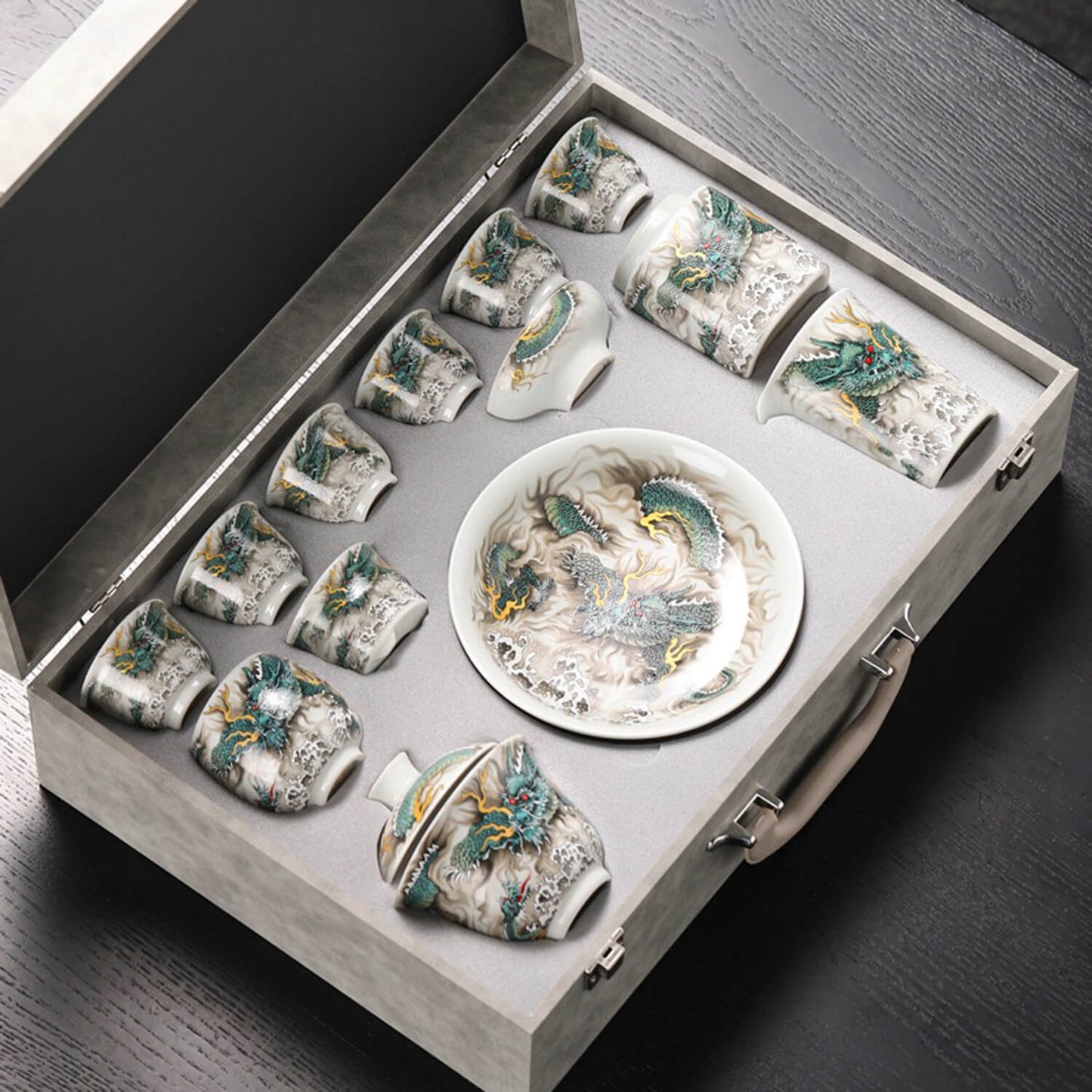 Silver-Lined Porcelain Tea Set: Qinglong