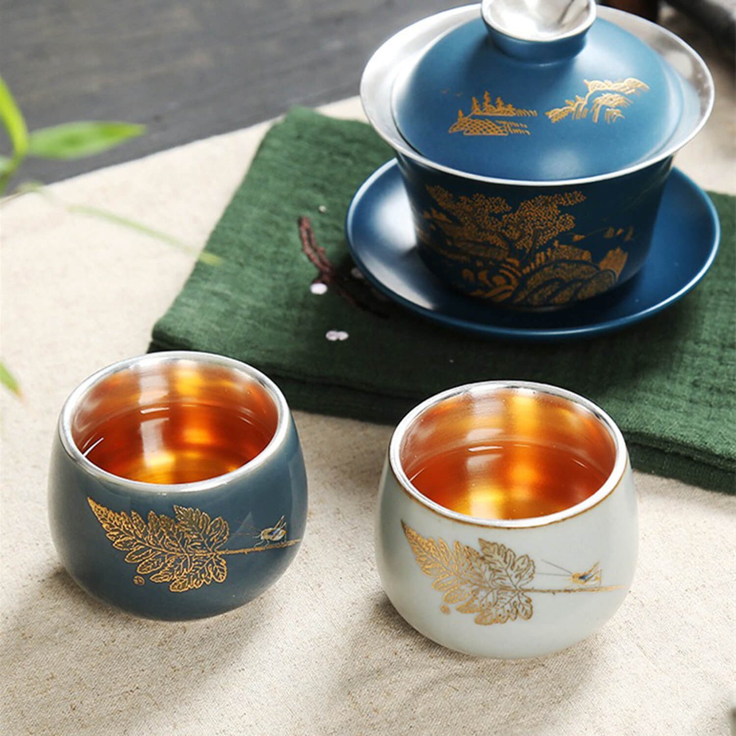 Snow & Ice: Silver-Lined Porcelain Teacup Set (set of 2)