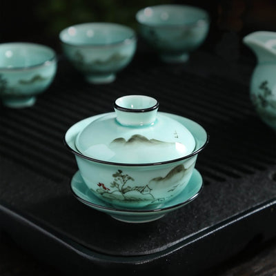 Hand-Painted Celadon Porcelain Tea Set