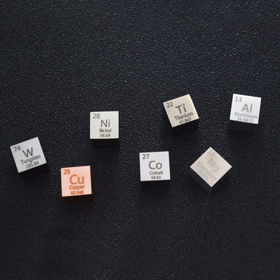 Polar Aerospace Cubes Collection: Tungsten, Copper, Nickel, Cobalt, Titanium, Aluminum, Magnesium + FREE Acrylic periodic table display